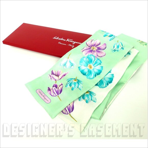 Salvatore Ferragamo Accessories - SALVATORE FERRAGAMO mint TULIPANI SKINNY long 2-sided silk twill scarf +envelope